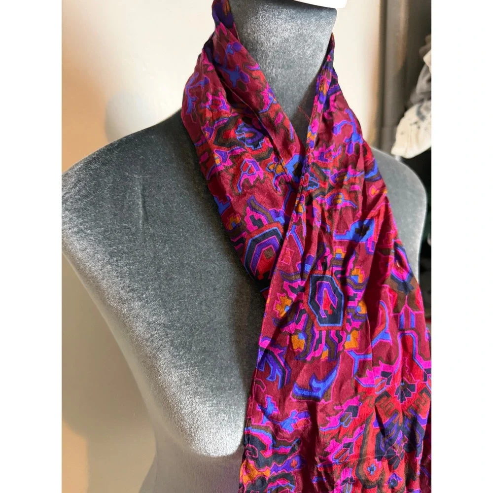 Liz Claiborne Vintage 100% Silk Scarf Jewel Tone Geometric Abstract Burgundy
